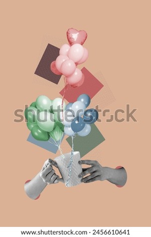 Vertical image picture collage human hands hold porcelain mug happy birthday celebration surprise greeting postcard drawing background