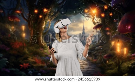 Girl wearing VR glasses while holding phone and pointing at view. Happy woman surprised while looking around to explore visual reality world or metaverse surrounded with fantasy world. Contraption.