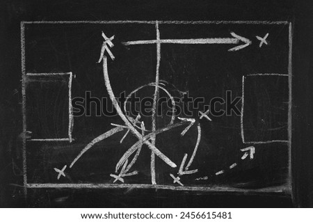 Soccer, football tactics isolated on black blackboard, chalkboard texture
