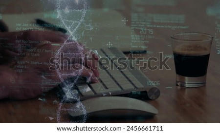 Multi exposure of abstract creative coding sketch and hands typing on computer keyboard on background, artificial intelligence and neural networks concept