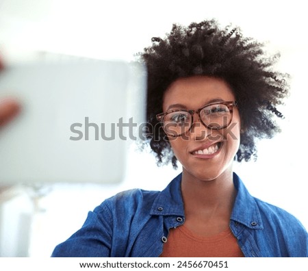 Portrait, woman and selfie with glasses in home for social media, profile picture and funny expression. Female person, phone and crazy face for goofy photo with eyewear, comedy post and comic online