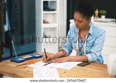 Woman, startup and sketching in workspace for fashion design or clothes, creative with paper. Female entrepreneur, drawing and pattern for client with style or vision, working for growth in company