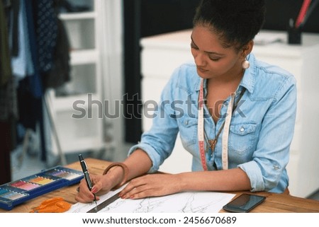 Woman, startup and drawing in workspace for fashion design or clothes, creative with paper. Female entrepreneur, sketching and pattern for client with style or vision, working for growth in company