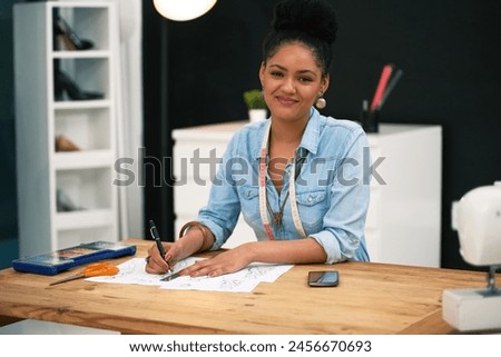 Woman, startup and sketching in office for fashion design or clothes, creative with paper. Female entrepreneur, drawing and pattern for client with vision or style, working for growth in company