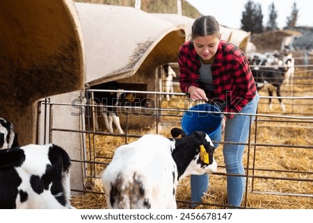 Young female farm worker scooping milk into buckets for taking care of calves with tags on spring farm