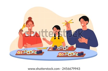 Family sushi time concept. Man, woman with girl sitting at table with chopsticks near rolls. Traditional asian cuisine, and kitchen. People with seafood. Cartoon flat vector illustration