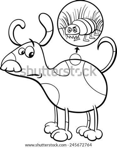 Black and White Cartoon Vector Illustration of Funny Dog with Flea in his Hair for Coloring Book