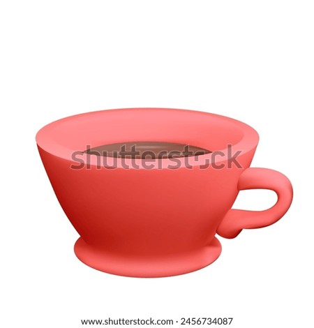 Vector realistic 3D illustration of a red porcelain cup with tea isolated from the background. Homemade mug with coffee. Volumetric clip art of crockery 