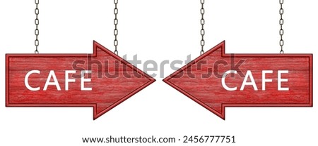 Red wooden arrow sign with cafe inscription hanging on iron chains. Right and left arrow pointer. Signboard isolated on white background