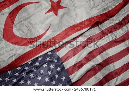 waving colorful flag of united states of america and national flag of northern cyprus on the dollar money background. finance concept. macro