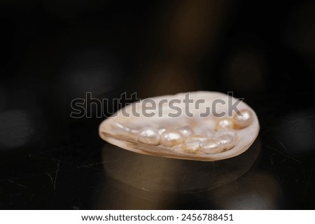 Pearls, accretions of nacre (calcium carbonate) secreted by certain oysters and mussels. Shell of an oyster with pearls.  Royalty-Free Stock Photo #2456788451