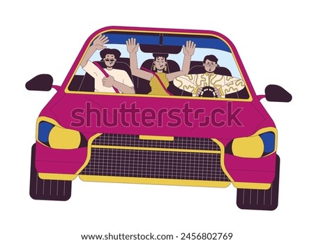 Multiracial friends riding car recklessly 2D linear cartoon characters. Creating dangerous situation on road isolated line vector people white background. Road accident color flat spot illustration