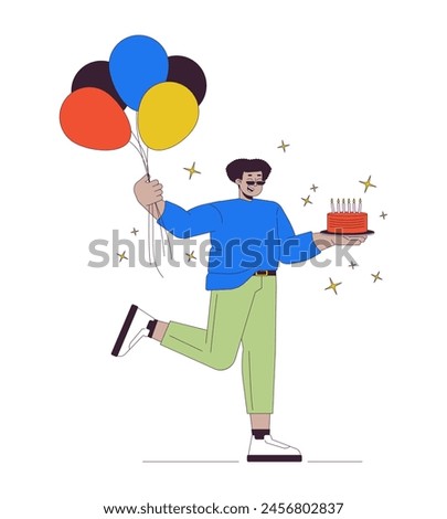 Obese hispanic man at birthday party 2D linear cartoon character. Plump latin american male at holiday isolated line vector person white background. Festive event color flat spot illustration