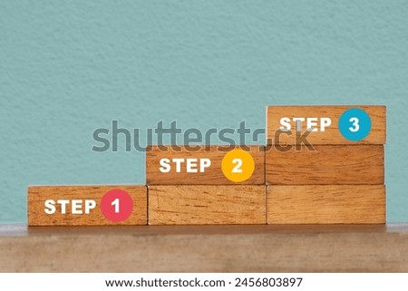 Step 1, 2, 3 on wooden cube block with blurred green concrete background with copy space, for priority, process, or instruction Royalty-Free Stock Photo #2456803897