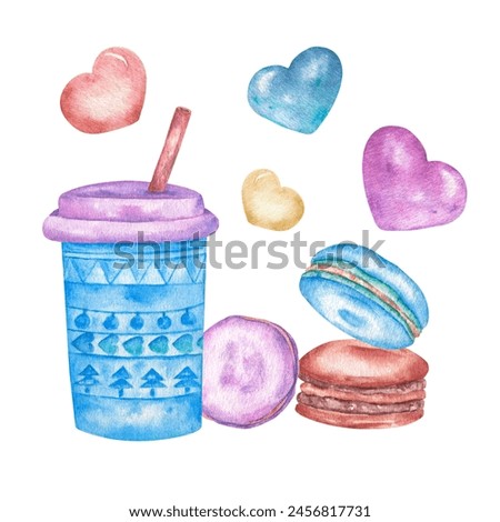 Watercolor set coffee, cookies, hearts clipart. cafe menu design elements. Macaroons watercolor illustration on white isolated background. Perfect for Valentine's day, romantic wedding, birthday.
