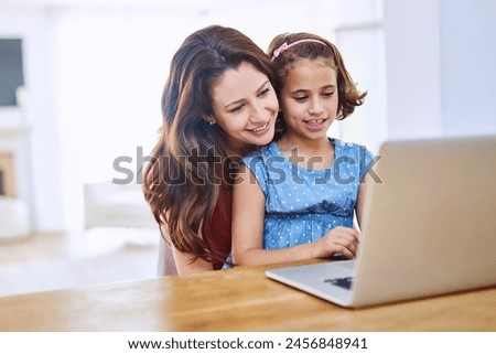 Happy, mother and girl with laptop for online class, remote work and elearning or home education. Excited, mom and daughter with computer and smile for child development and streaming web video