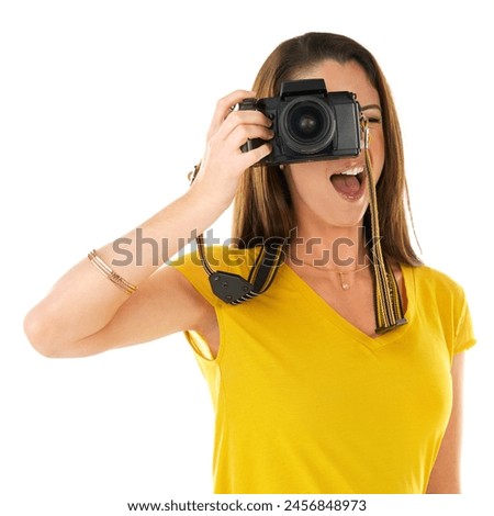 Woman, photographer and studio in white background with camera as student in journalism, media or photography. Female person, tech and confidence as artist with creativity, passion and expression
