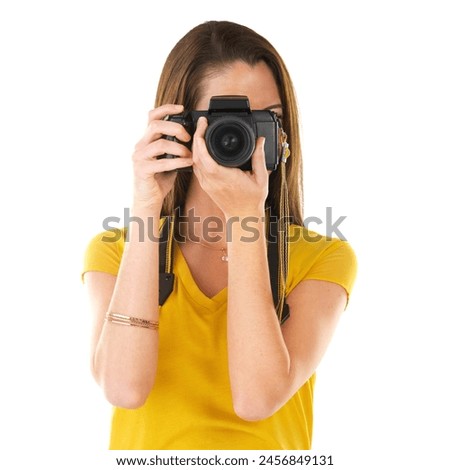 Woman, photographer and studio in white background with camera as student in journalism, media or photography. Female person, technology and confidence as artist with creativity, passion and pride