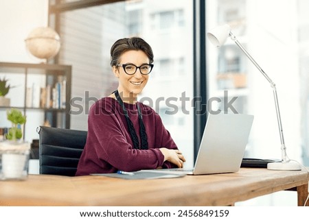 Portrait, woman and laptop in office with happiness for career, job growth and opportunity in confidence. Female employee, happy and research for creative ideas as editor for magazine or publisher