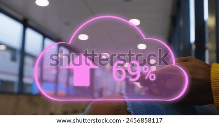Image of cloud with arrows and percent going up over caucasian woman using smartphone. global cloud computing, digital interface and data processing concept digitally generated image.
