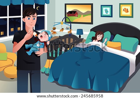 A vector illustration of father holding a newborn baby