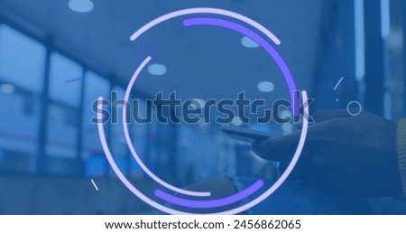 Image of scope scanning over caucasian woman using smartphone. global cloud computing, digital interface and data processing concept digitally generated image.