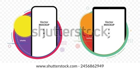 Mobile Phone and Tablet PC Vector Mockup Template With Colorful Abstract Graphic Design. Easy editable transparent background.