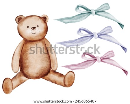 Teddy bear toy set. Watercolor illustration hand drawing. Clip art of a bear with colorful bows isolated on a white background. Children's design. Ideal for birthday, baby shower and baptism
