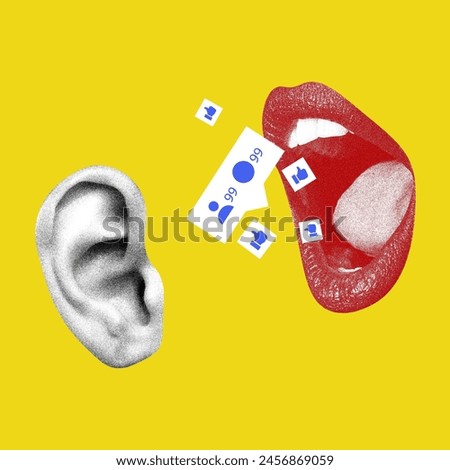 Human ear and mouth with floating social media icons of comments and likes against vivid yellow background. Contemporary art collage. Concept of social media, modern technologies, Internet