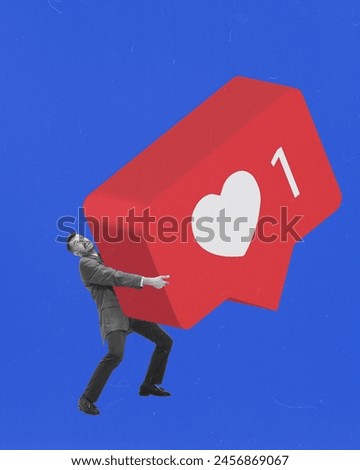 Businessman raising heavy social media like icon against blue background. Contemporary art collage. Pursuit of social media recognition. Concept of social media, modern technologies, Internet