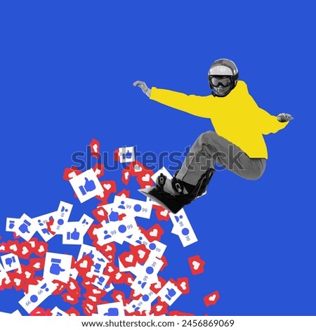 Snowboarder in yellow jacket surfing on wave of social media icons. Contemporary art collage. Internet popularity. Concept of social media, modern technologies, surrealism. Creative design
