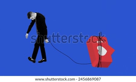 Man in suit carrying social media like icon on blue background. Feeling tired and exhausted. Representation of social media influence and addiction. Contemporary art. Social media, modern technologies