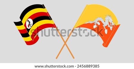 Crossed and waving flags of Uganda and Bhutan. Vector illustration
