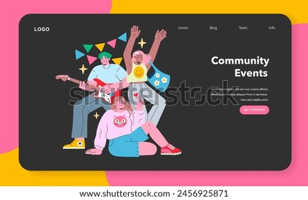 Teen Retail Community set. Joyful teens partake in local events, sharing music and companionship. Celebratory atmosphere, youthful spirit, community connection. Vector illustration. Royalty-Free Stock Photo #2456925871