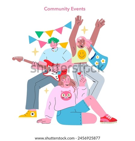 Teen Retail Community set. Joyful teens partake in local events, sharing music and companionship. Celebratory atmosphere, youthful spirit, community connection. Vector illustration. Royalty-Free Stock Photo #2456925877