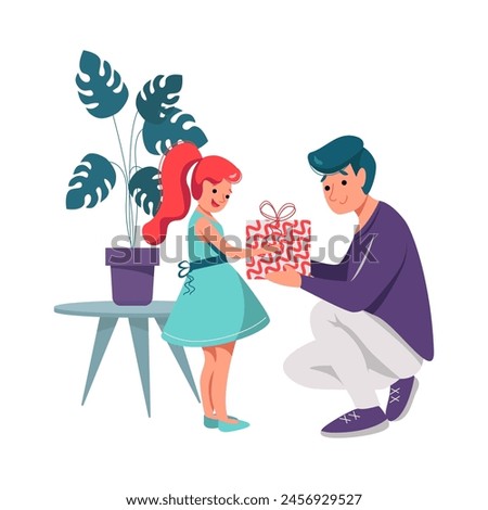 Illustration of a Giving a Gift father and daughter in different background.