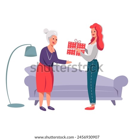Illustration of a Giving a Gift grandmother and daughter woman in different background