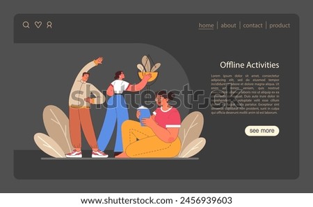 Digital detox web or landing dark or night mode set. Characters reducing screen time. Disconnected or turned off gadget. Balanced life and mental health. Flat vector illustration