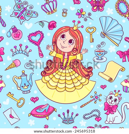 Seamless pattern with cute little princess. Cartoon vector background.
