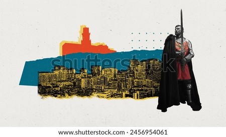 Poster. Commanding figure in historical warrior attire stands against yellow-toned cityscape with castles background. Textured effect. Concept of comparisons of eras. Trendy magazine style. Ad
