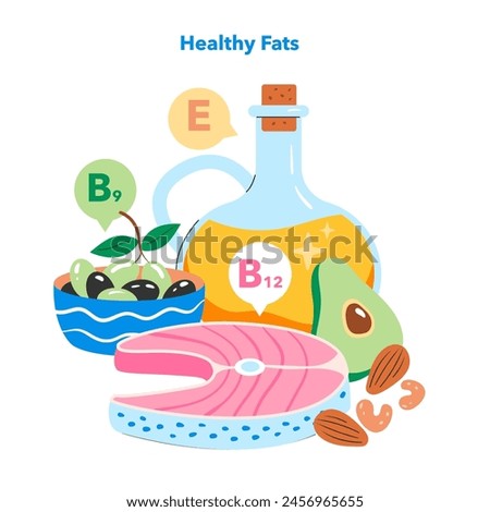 Healthy Snacking concept. Illustration of nutritious foods rich in vitamins B9, B12, and E. Avocado, fish, nuts, and olive oil included. Vector illustration. Royalty-Free Stock Photo #2456965655