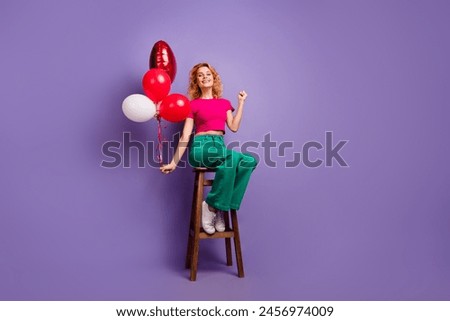 Photo of charming positive glad woman wear stylish pink clothes enjoy triumph isolated on purple color background