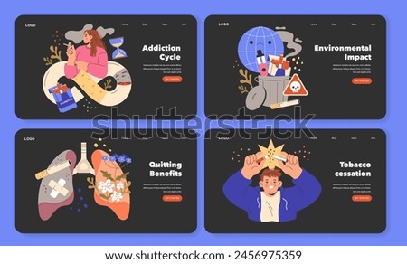 No Tobacco Day set. Illustrating smoking hazards and cessation benefits. Addiction cycle, environmental damage, and health recovery. Vector illustration.