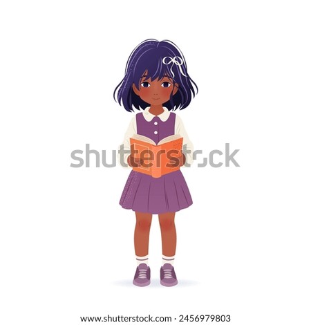 Cute little girl is holding book in her hands and reading it. isolated vector illustration on white background. Cartoon kid for educational designs, book club, world book day. Clip-art.