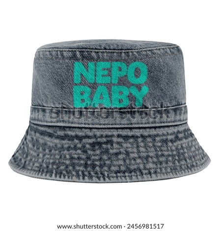 blue printing tipography famous in 2024, handmade bucket hat, canvas fabric washed. fashionable for you.