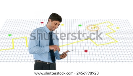 Caucasian man using a digital tablet against navigation map line scheme on white background. gps and navigation concept