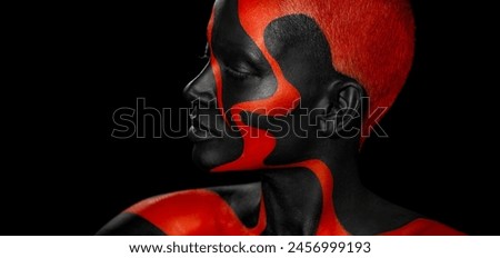 The Art Face. How To Make A Mixtape Cover Design - Download High Resolution picture with black and red body paint on african woman for your music song. Create album template with creative Image.