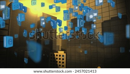 Image of media icons over cityscape. social media and communication interface concept digitally generated image.