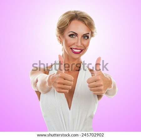 Smiling woman showing tumb sign. Isolated on white background