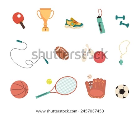 Sports icon set. Cute versatile clipart collection. Ping pong paddle, tennis racket, basketball, American football, referee whistle, bowling pins and ball, baseball glove, jump rope, trophy, sneaker.